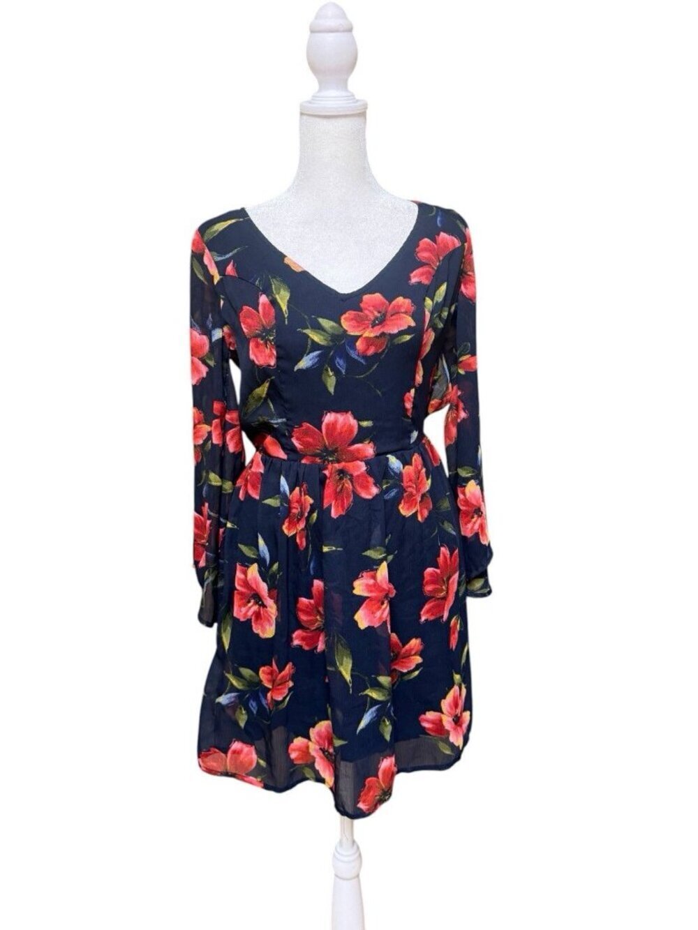 Hollister Floral Open Back Dress Navy Red Long Sleeve Women’s Size M